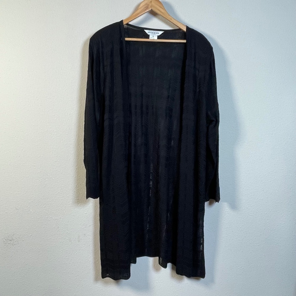 Misook Woman Cardigan Womens 2X Black Longline Chevron‎ Pointelle Knit Sweater